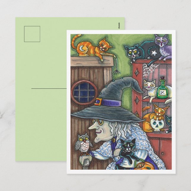 CARTES POUR FÊTES ANNUELLES VIEILLE WITCH HAPPY HOME, BEAUCOUP DE CHATS & OWL  (Devant / Derrière)