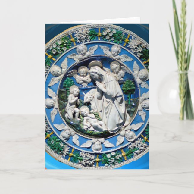 Cartes Pour Fêtes Annuelles VIERGE ET ENFANT AVEC ANGELS, Saphir Bleu Rond (Devant)