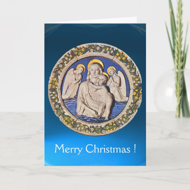 Cartes Pour Fêtes Annuelles VIERGE ET ENFANT AVEC ANGELS, Saphir Bleu Rond (Devant)