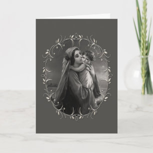 Cartes Pour Fêtes Annuelles Vierge et enfant noir et blanc avec cadre argenté