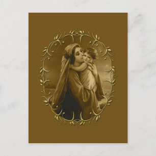 Cartes Pour Fêtes Annuelles Vierge Marie avec Enfant Jésus, Gold Border Design