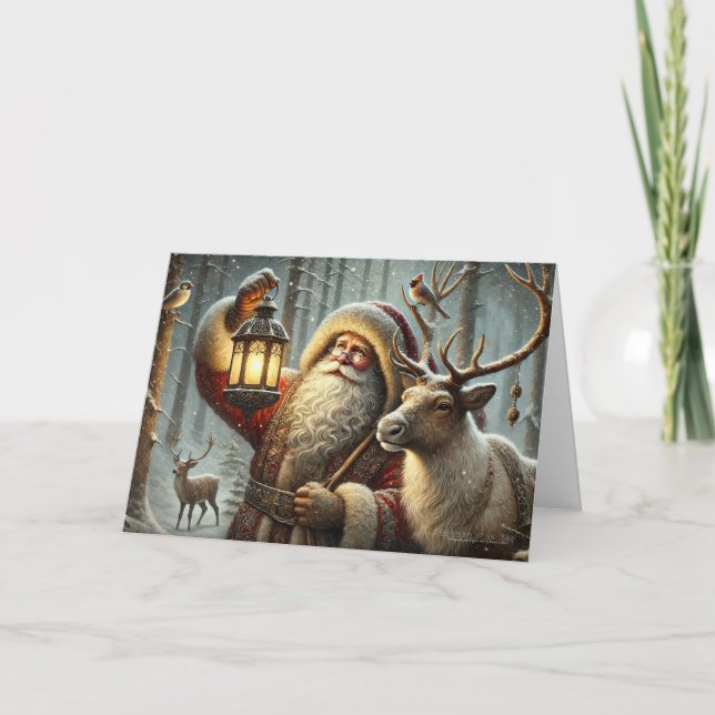 Cartes Pour Fêtes Annuelles Vieux Monde Elfe Lanterne Santa Renne Oiseaux Neig (Devant)