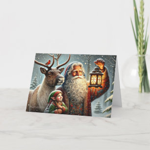 Cartes Pour Fêtes Annuelles Vieux Monde Santa Lanterne Elfe Renne Cardinal Nei