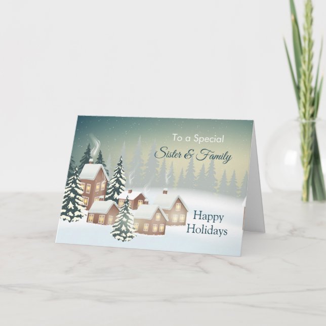 Cartes Pour Fêtes Annuelles Village couvert de neige Soeur et sa famille (Devant)