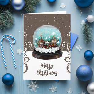 Cartes Pour Fêtes Annuelles Village de neige en boule de verre marron et floco