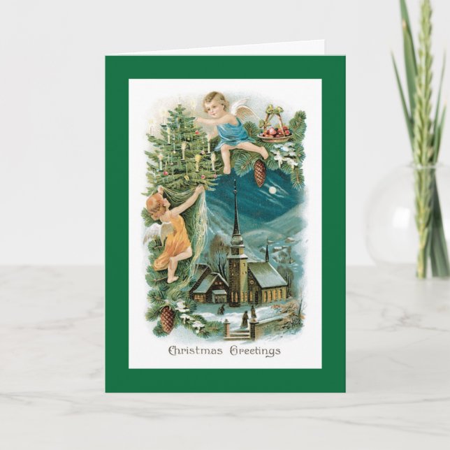 Cartes Pour Fêtes Annuelles Village de Noël avec des anges de chérubin (Devant)