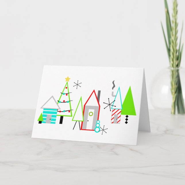 Cartes Pour Fêtes Annuelles village de Noël moderne du milieu du siècle (Devant)