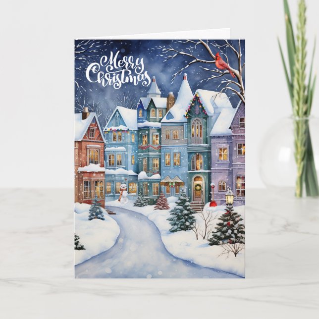 Cartes Pour Fêtes Annuelles Village de Noël Pins d'hiver et oiseaux cardinaux (Devant)