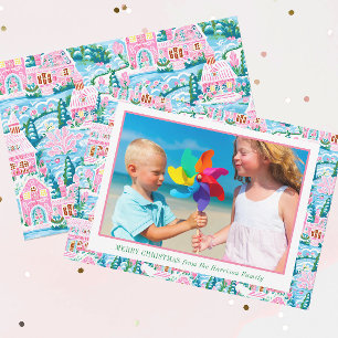 Cartes Pour Fêtes Annuelles Village de Noël rose et bleu de Preppy Photo