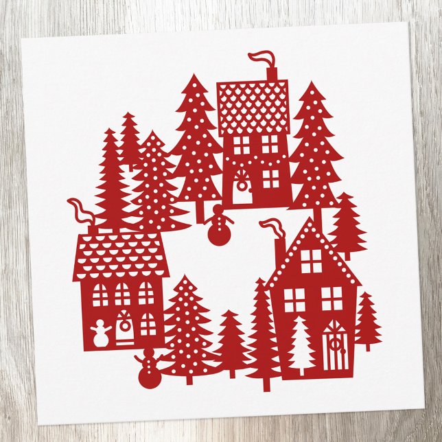 Cartes Pour Fêtes Annuelles Village de Noël Rouge et Blanc (Red and white Christmas Village card.)