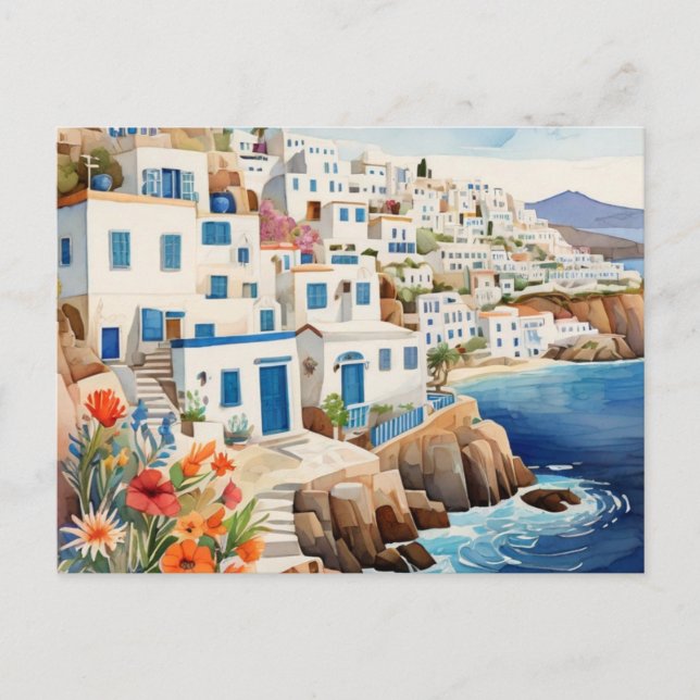Cartes Pour Fêtes Annuelles Village de pêche grecque paisible Grèce Mer aquare (Devant)