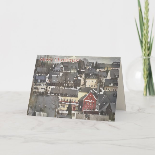 Cartes Pour Fêtes Annuelles Village d'hiver avec une maison rouge Joyeux Noël (Devant)