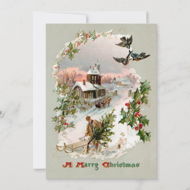 Cartes Pour Fêtes Annuelles Village d'hiver rustique avec Holly (Devant)