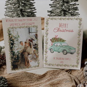 Cartes Pour Fêtes Annuelles Vintage aquarelle verte manuscrite voiture Noël