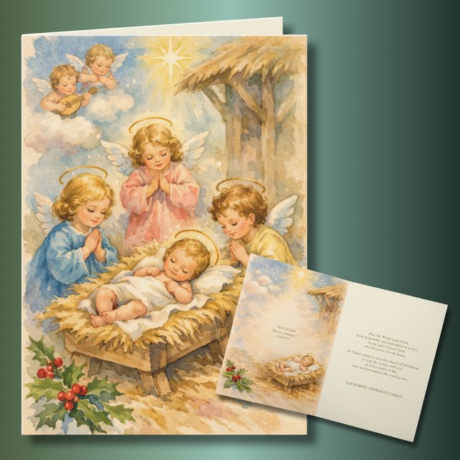 Cartes Pour Fêtes Annuelles Vintage Baby Jesus Angels Scripture Verse  (Créateur téléchargé)