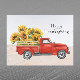 Cartes Pour Fêtes Annuelles Vintage Camion Rouge Tournesols Thankesgiving