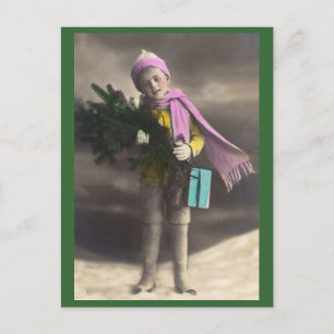 Cartes Pour Fêtes Annuelles Vintage Christmas Boy, Tree & Gifts