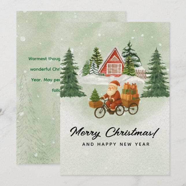 Cartes Pour Fêtes Annuelles 🌲Vintage Christmas Card – Santa on Bicycle (Devant / Derrière)