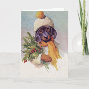Cartes Pour Fêtes Annuelles Vintage Christmas Dashshund (Message à l'intérieur