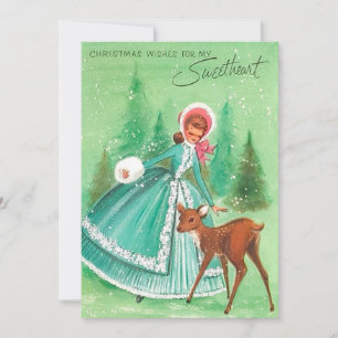 Cartes Pour Fêtes Annuelles Vintage Christmas Girl Deer Sweetheart