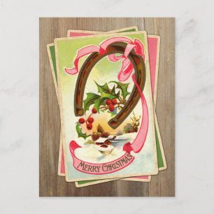 Cartes Pour Fêtes Annuelles Vintage Christmas Horseshoe & Winter Scene avec Ho