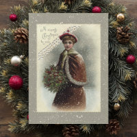 Vintage dame en neige avec voeux de Noël