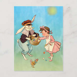Cartes Pour Fêtes Annuelles Vintage Easter Bunny, Little Girl and Hen