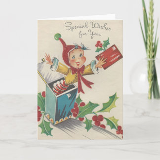Cartes Pour Fêtes Annuelles Vintage Elfe De Noël Dans Une Boîte