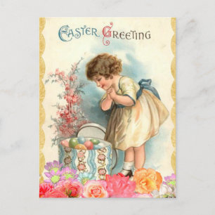 Cartes Pour Fêtes Annuelles Vintage Floral Fille de Pâques et Oeufs