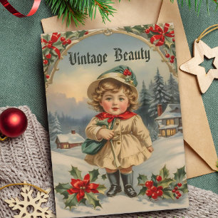 Cartes Pour Fêtes Annuelles Vintage Golden Adorable Girl dans le cadre Noël