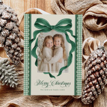 Vintage Green Bow Gingham Plaid Photo Christmas