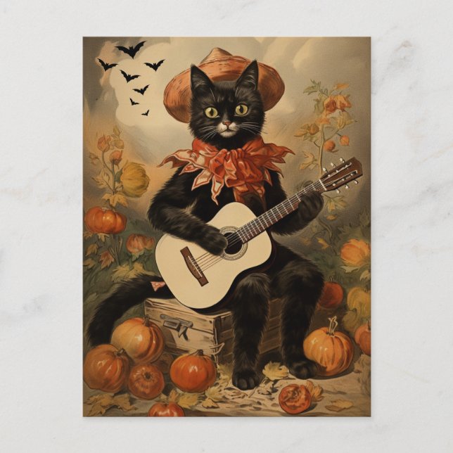 Cartes Pour Fêtes Annuelles Vintage Halloween Chat noir Jouer de la guitare (Devant)