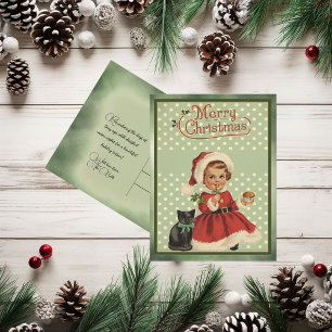 Cartes Pour Fêtes Annuelles Vintage Joyeux Noël Fille Robe Rouge Chat noir