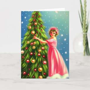 Cartes Pour Fêtes Annuelles Vintage Lady Décoration Arbre de Noël Blanc