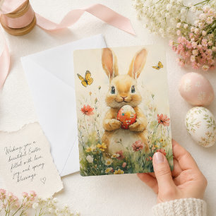 Cartes Pour Fêtes Annuelles Vintage lapin de Pâques tenant l'oeuf en Fleur sau