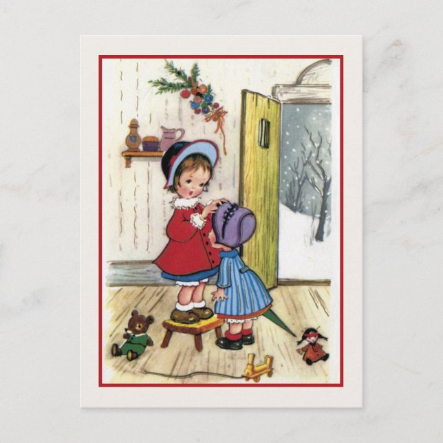 Cartes Pour Fêtes Annuelles Vintage Noël 2 petites filles, jouets (Devant)