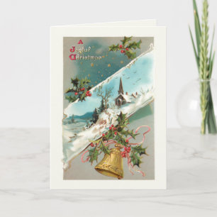Cartes Pour Fêtes Annuelles Vintage Noël cloches, Holly & Eglise en hiver