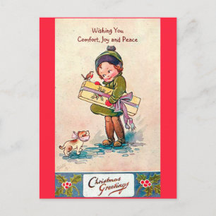 Cartes Pour Fêtes Annuelles Vintage Noël des années 1920 fille mignonne, chien