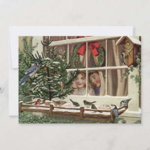 Cartes Pour Fêtes Annuelles Vintage Noël Enfants observant les oiseaux