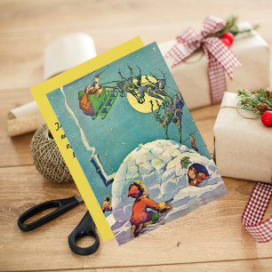 Cartes Pour Fêtes Annuelles Vintage Noël Eskimo Igloo Père Noël Vol