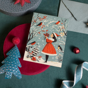 Cartes Pour Fêtes Annuelles Vintage Noël Festive Fille Oiseaux d'hiver Noël