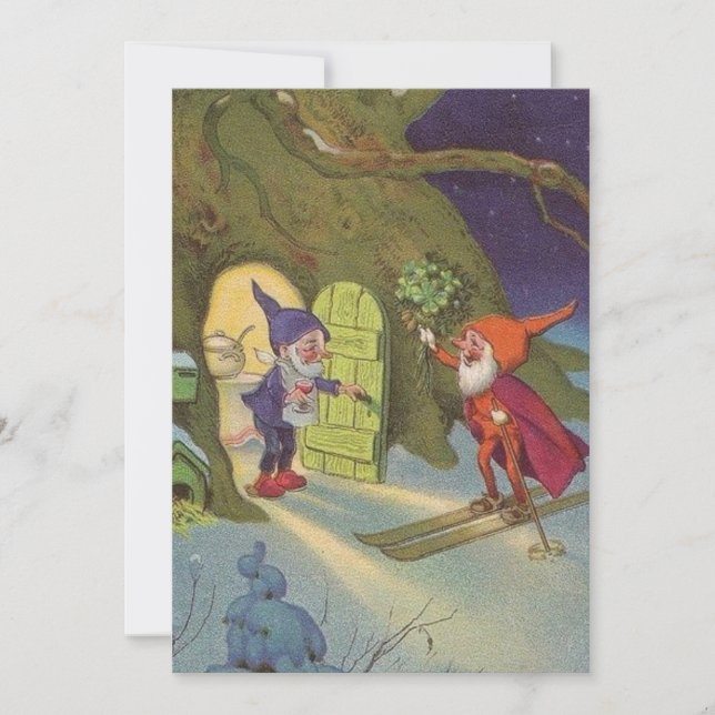 Cartes Pour Fêtes Annuelles Vintage Noël Gnomes Ski de neige (Devant)