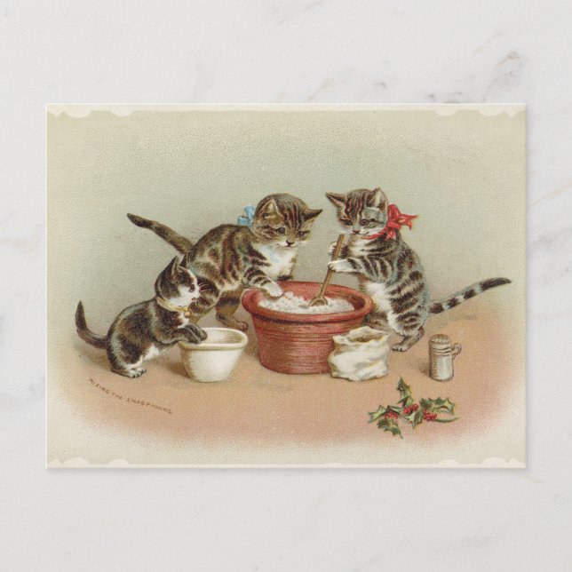 Cartes Pour Fêtes Annuelles Vintage Noël Kitty Chats Faisant du Pudding (Devant)