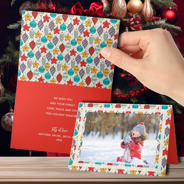 Cartes Pour Fêtes Annuelles Vintage Noël Ornements Photo Plié (Your photo on the front and personal message inside of these folded Christmas greeting cards.)