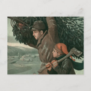 Cartes Pour Fêtes Annuelles Vintage Noël, père et fils abattus un arbre