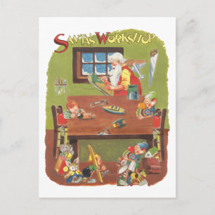 Cartes Pour Fêtes Annuelles Vintage Noël Père Noël avec elfes dans l'atelier
