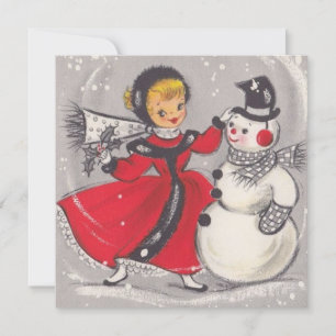 Cartes Pour Fêtes Annuelles Vintage Noël Snowman Danser Avec Fille
