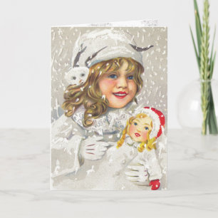 Cartes Pour Fêtes Annuelles Vintage Noël Victorienne fille avec poupée en neig