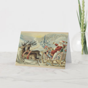 Cartes Pour Fêtes Annuelles Vintage Père Noël Sleigh avec drapeaux américains,