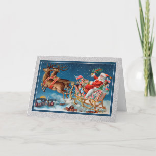 Cartes Pour Fêtes Annuelles vintage père Noël traîneau volant